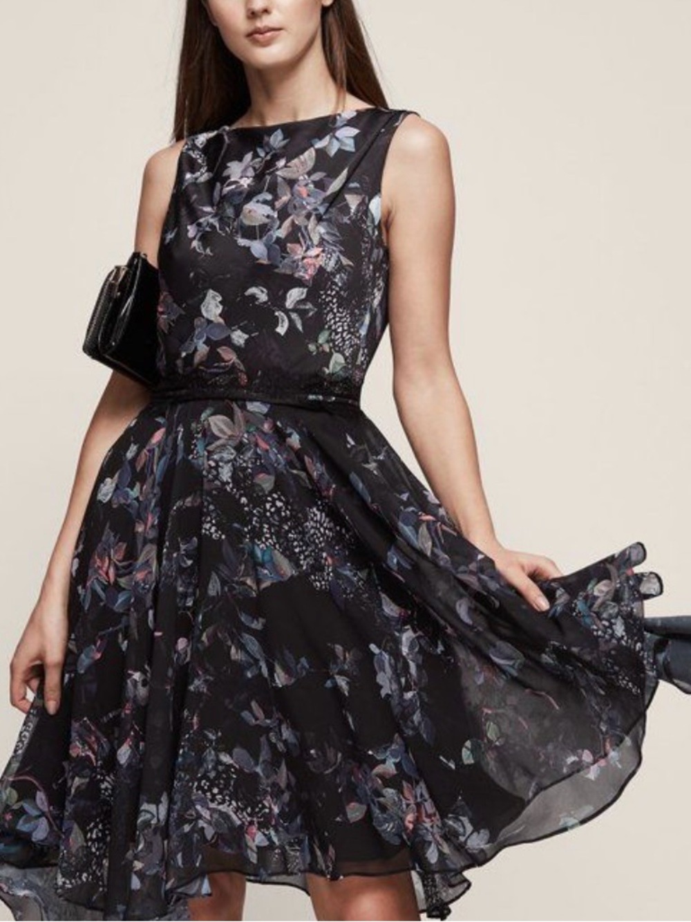 New💥Reiss Peony Floral silky Fit-and-Flare Dress, size 2
